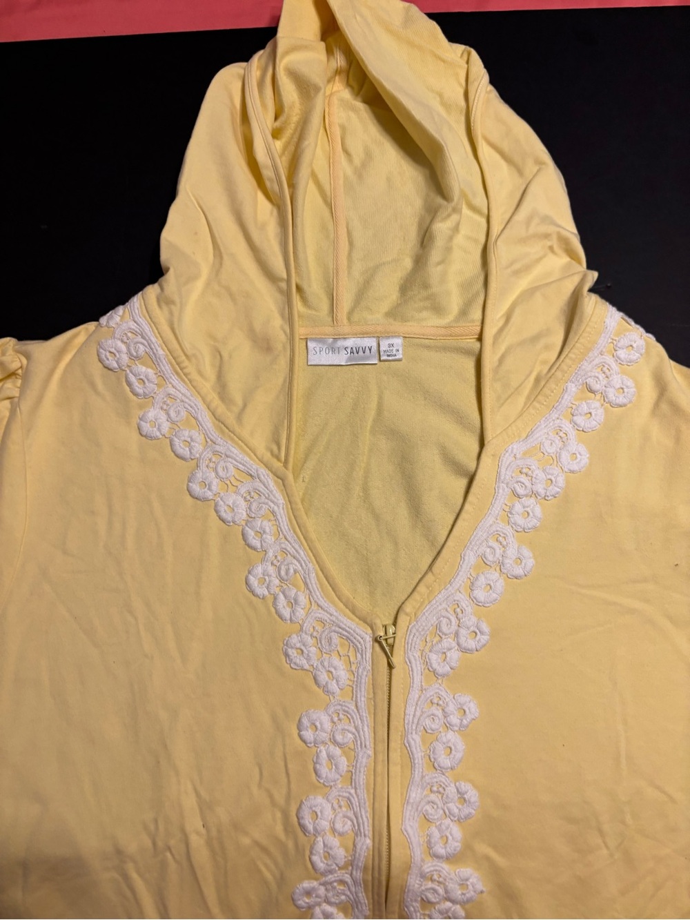 Sport Savvy NWOT 3X Butter Yellow Floral Crochet Lace Zip Front Hooded Jacket
